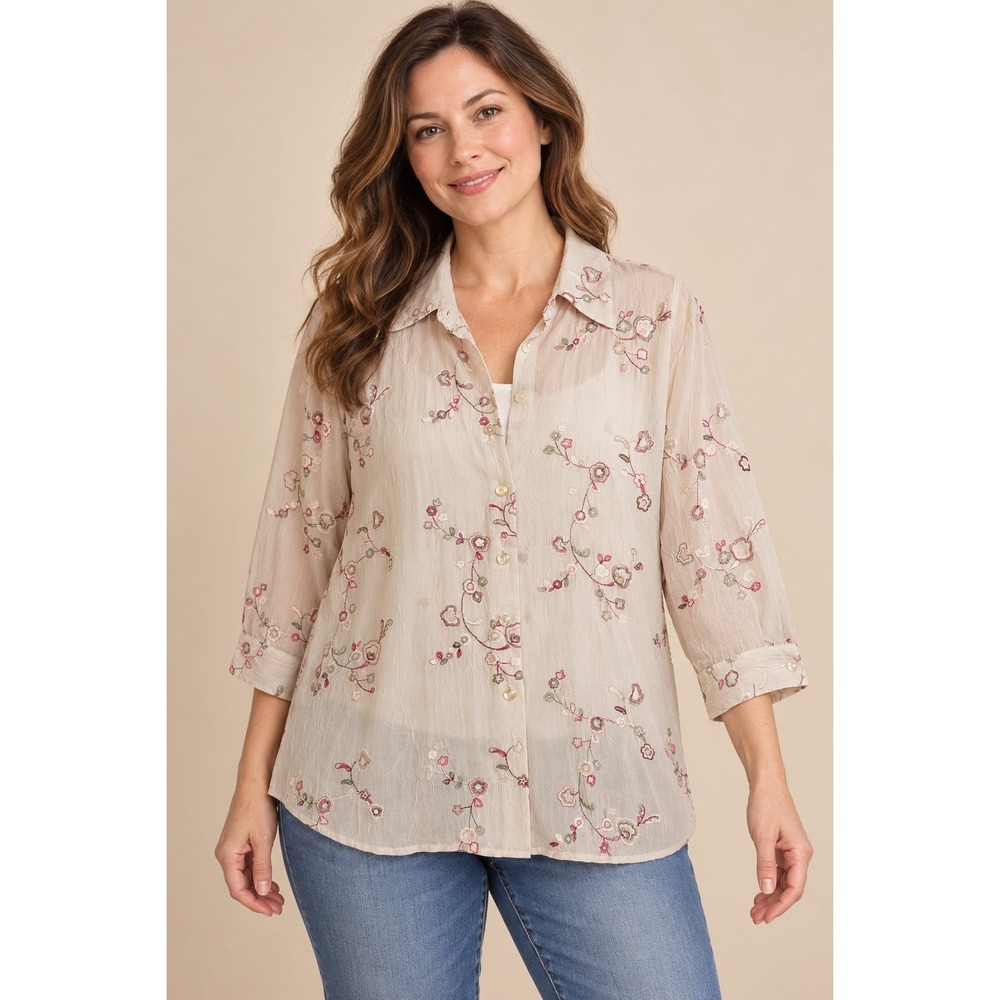 BonWorth Women's L Petite Sheer Floral Embroidered Button Front Blouse